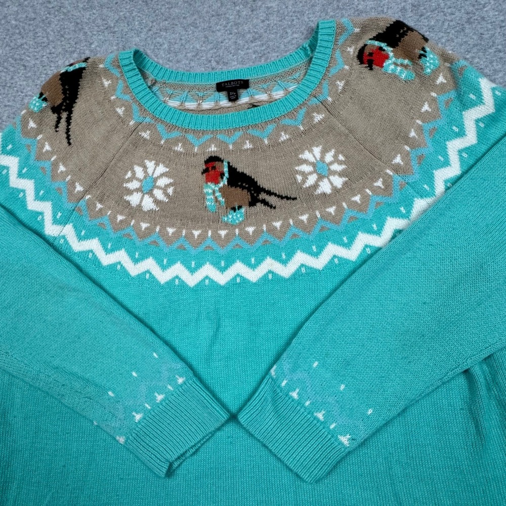 Talbots Womens 3XP Fair Isle Bird Sweater Teal Blue Lambswool Blend Pullover